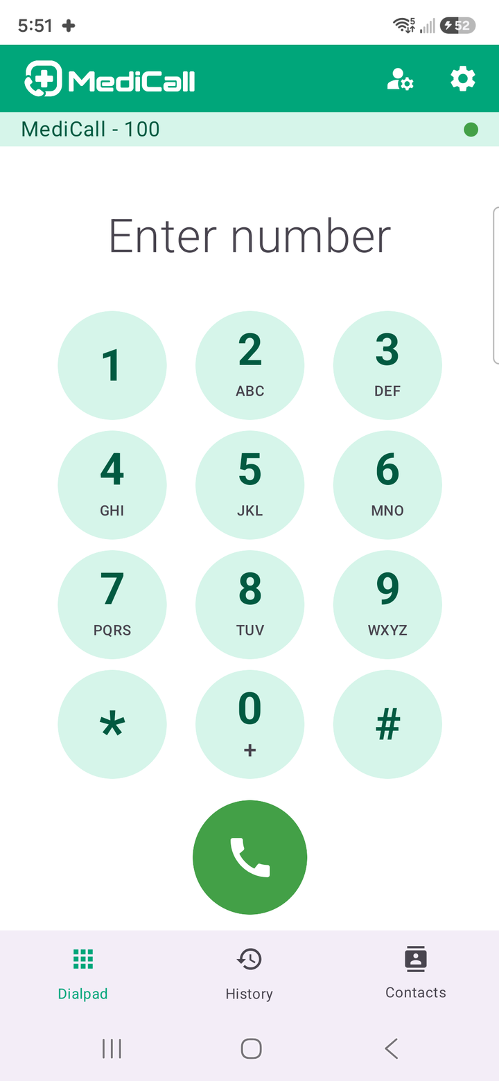 The MediCall dialer with the clinic line signed in and ready