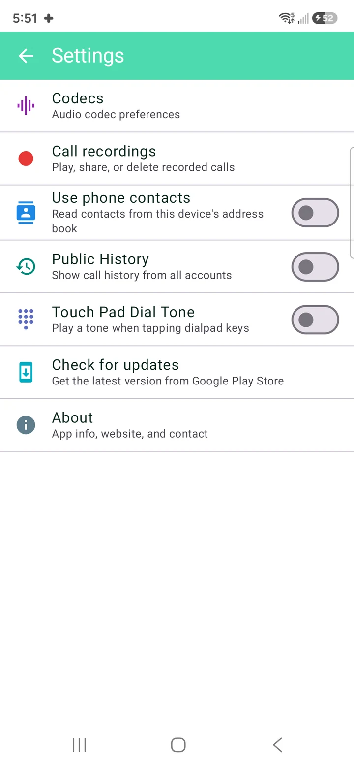 MediCall settings on Android, including call recordings and contacts