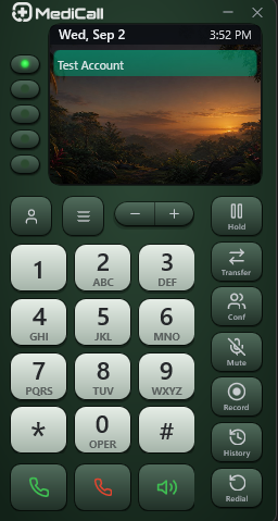 The MediCall app for Windows, showing a line, the keypad and the call controls